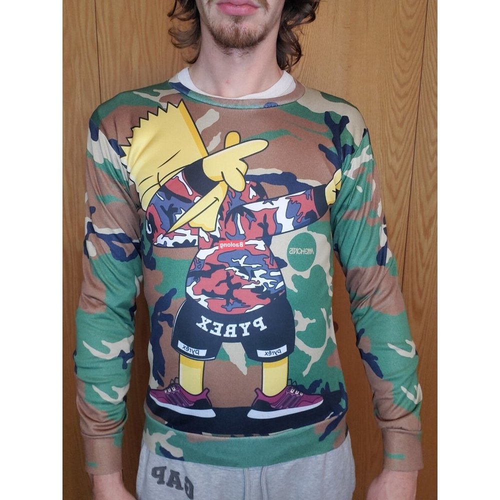 Mr.1991INC & Miss Go Camo Bart Simpson Long Sleeve Shirt Men's Size S